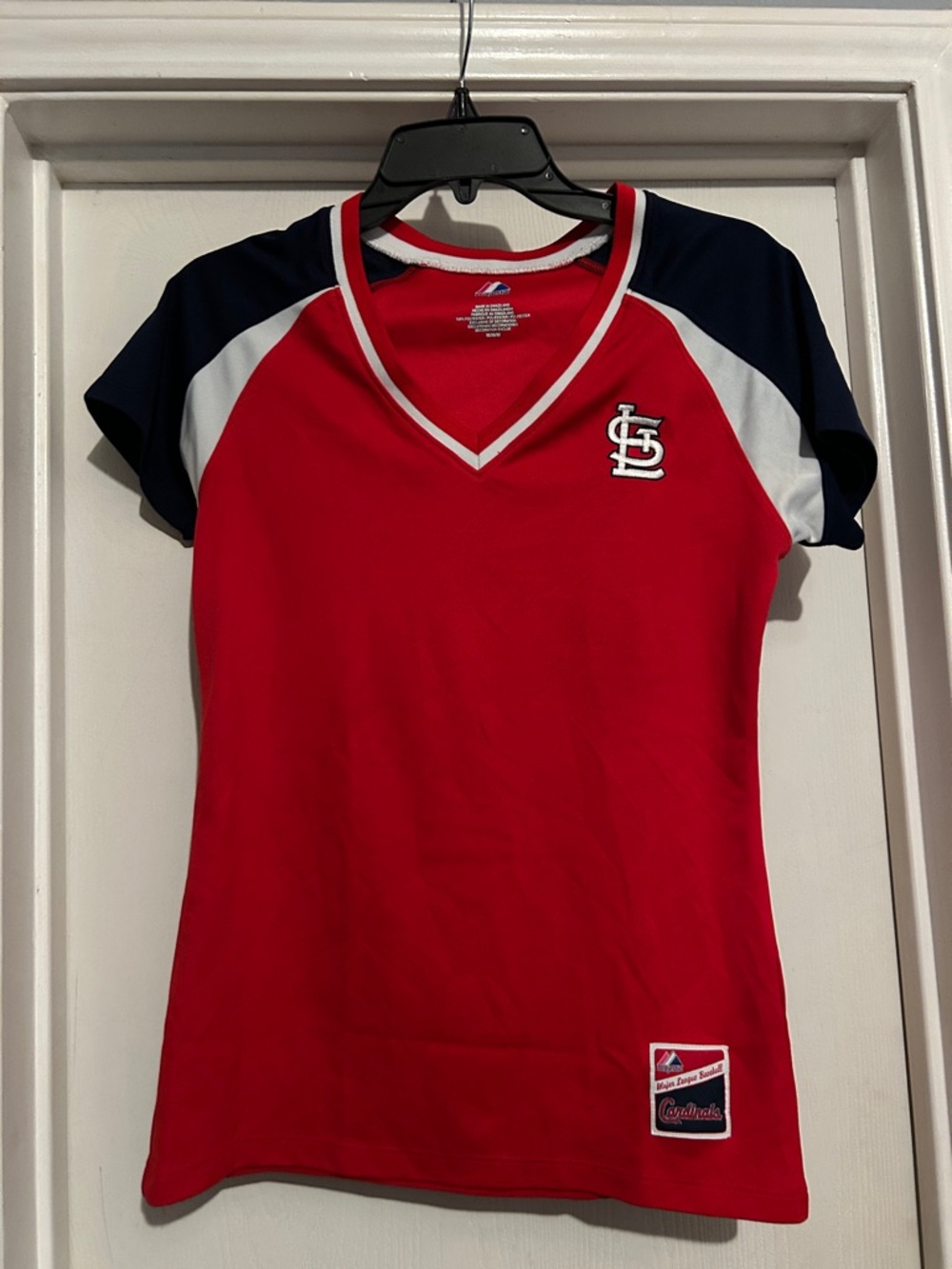 Majestic Red and Navy Raglan Baseball Tee